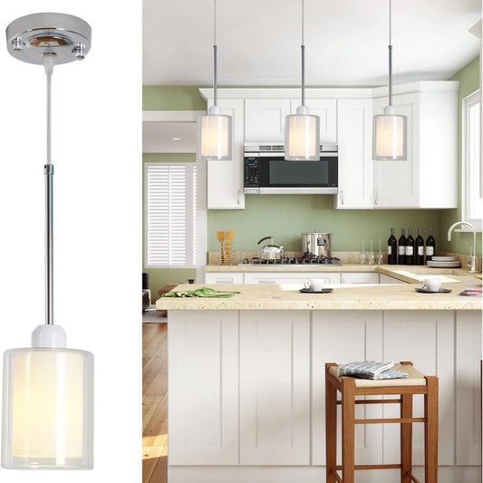 Glass Pendant Light, Modern Pendant Lighting For Kitchen Island, Farmhouse Mini Pendant Lamp With Chrome Nickel Adjustable For Dining Room, Sink, Double Cylinder
