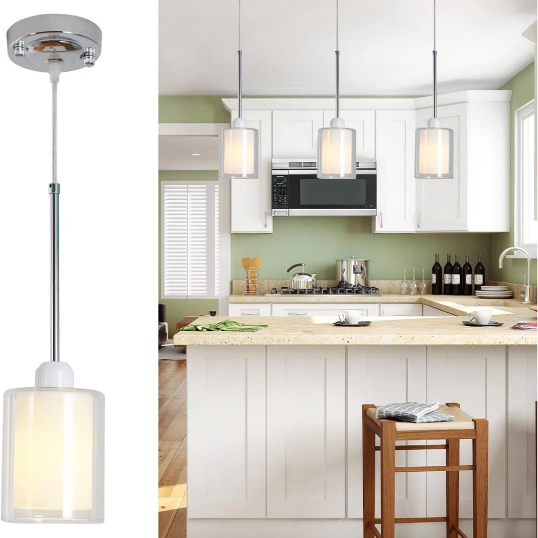 Glass Pendant Light, Modern Pendant Lighting For Kitchen Island, Farmhouse Mini Pendant Lamp With Chrome Nickel Adjustable For Dining Room, Sink, Double Cylinder