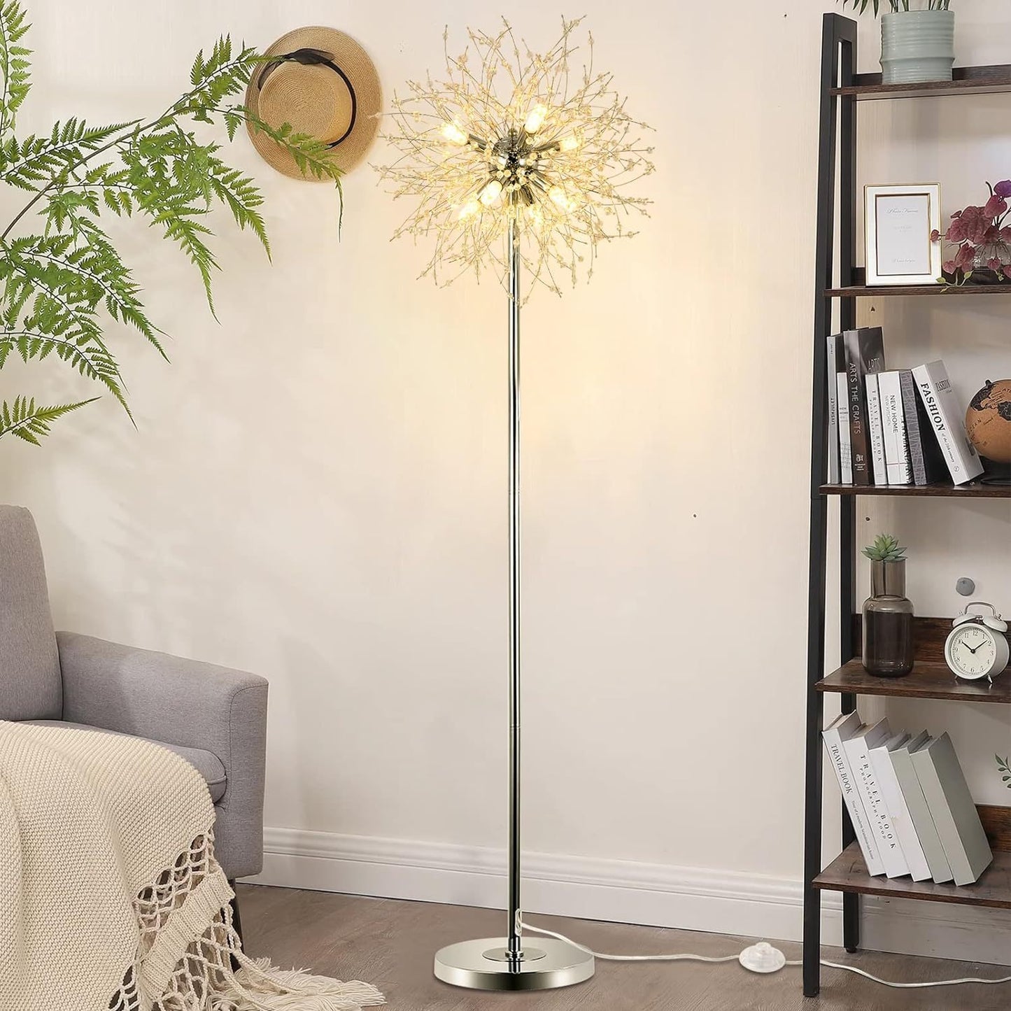 Bedroom Crystal Floor Lamp,,69 Inch High Pole Lamp,Modern Room Decorative Floor Lamp,Includes 32 Fireworks Crystal Suspenders, Chrome Finish