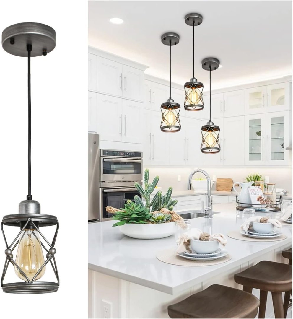 Industrial Pendant Lighting For Kitchen Island, Rustic Mini Cage Pendant Light, Farmhouse Pendant Lamp With Silver Grey Adjustable For Dining Room, Hallway, Entryway, Bedroom