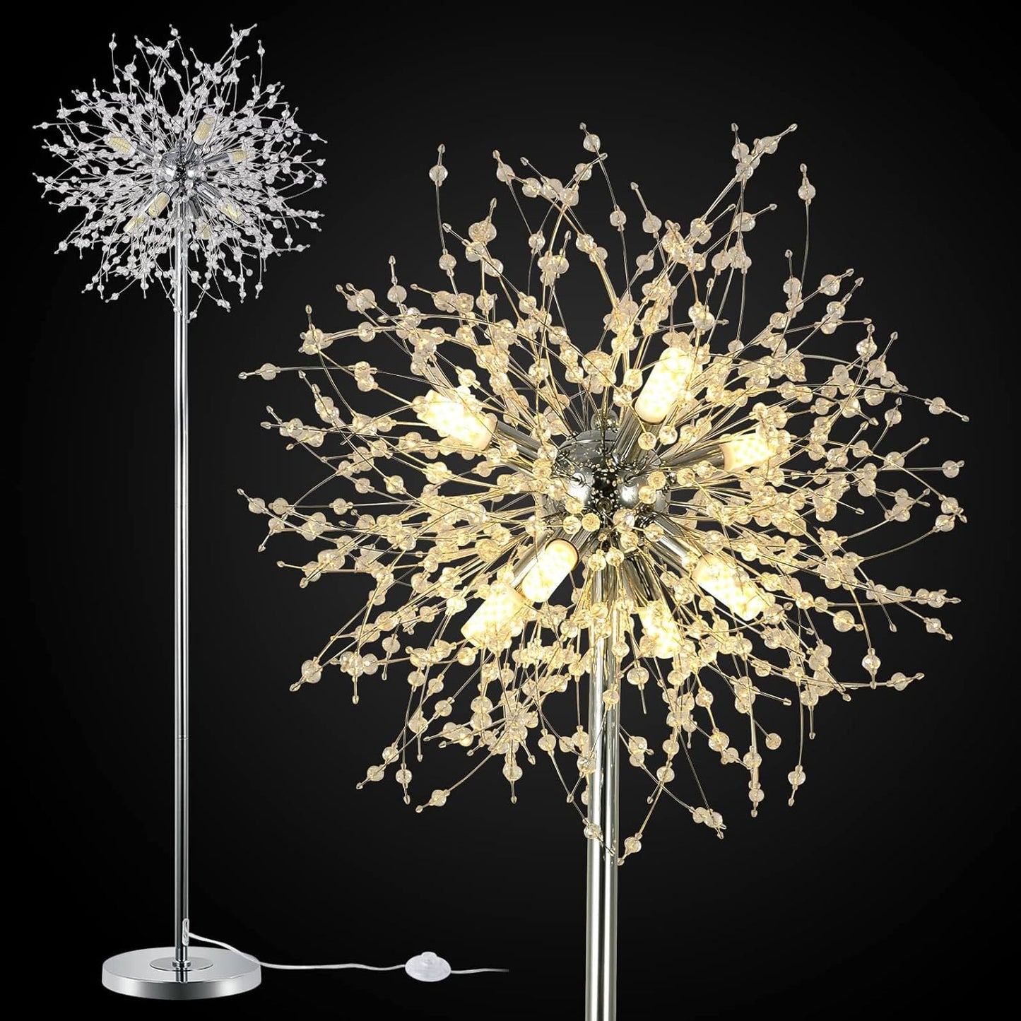 Bedroom Crystal Floor Lamp,,69 Inch High Pole Lamp,Modern Room Decorative Floor Lamp,Includes 32 Fireworks Crystal Suspenders, Chrome Finish