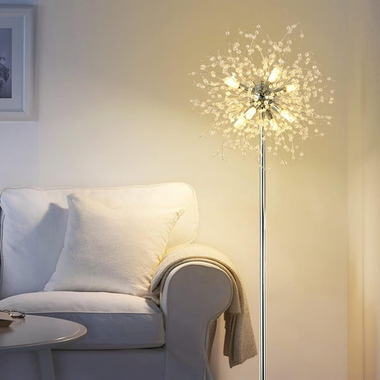 Bedroom Crystal Floor Lamp,,69 Inch High Pole Lamp,Modern Room Decorative Floor Lamp,Includes 32 Fireworks Crystal Suspenders, Chrome Finish