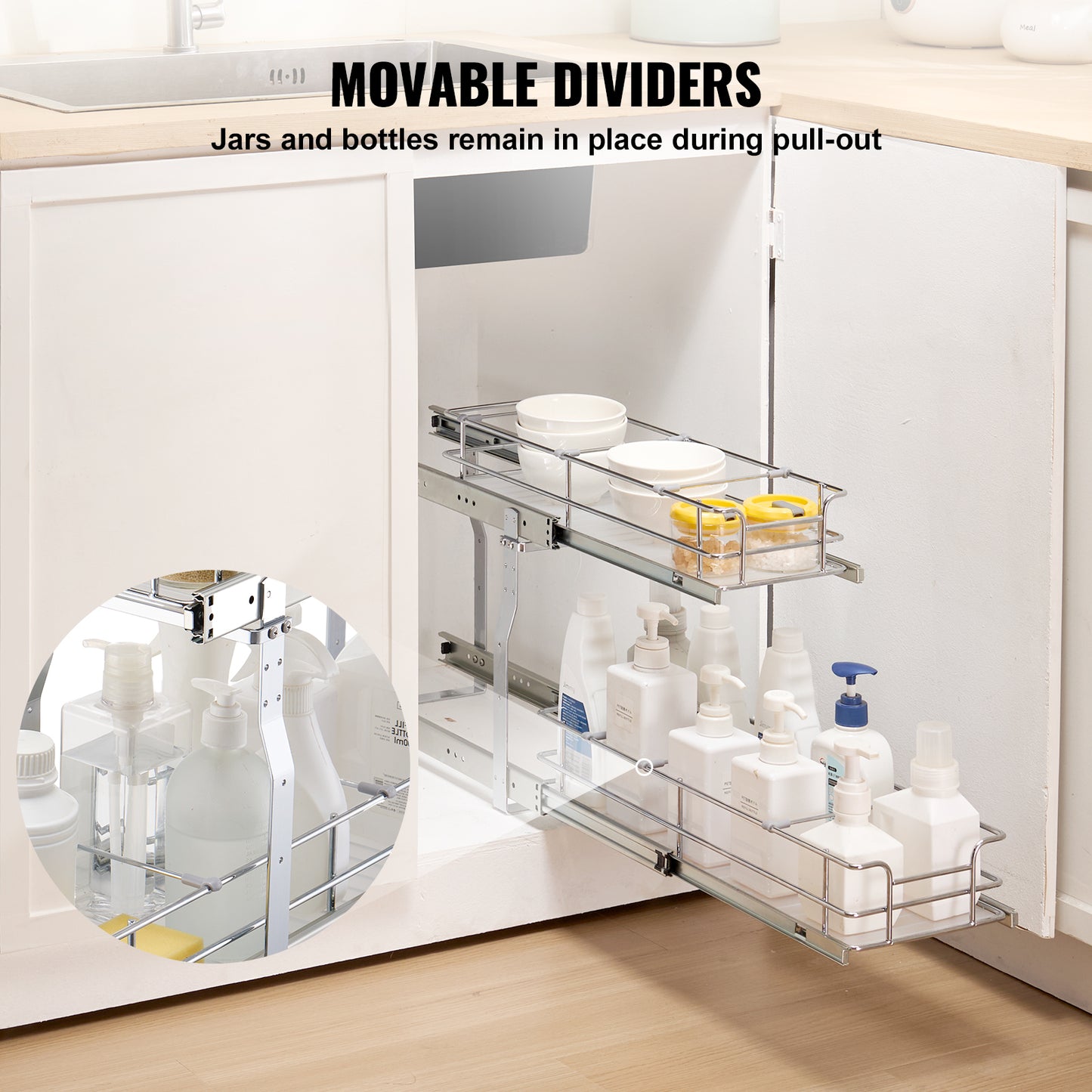 2-Tier Kitchen Cabinet Pull Out Shelf Organizer Slide Out Drawer 9-22 inch