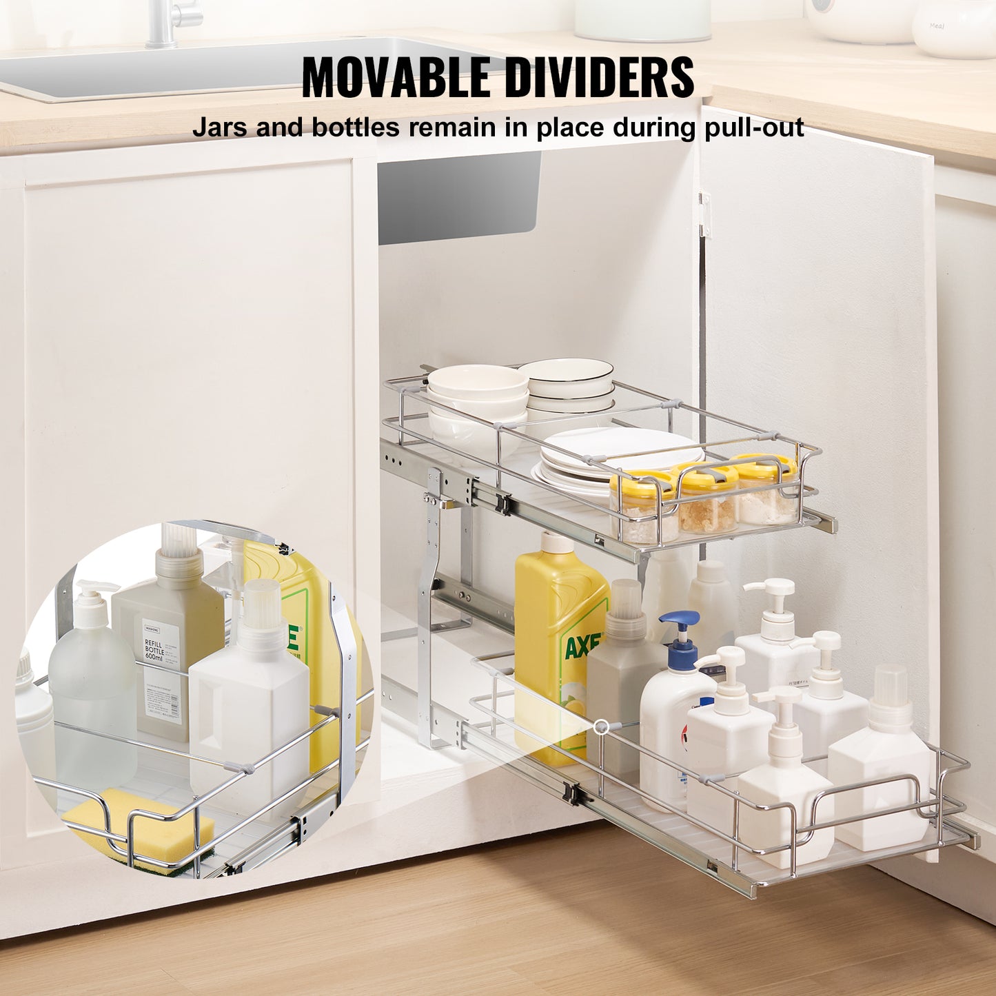 2-Tier Kitchen Cabinet Pull Out Shelf Organizer Slide Out Drawer 9-22 inch