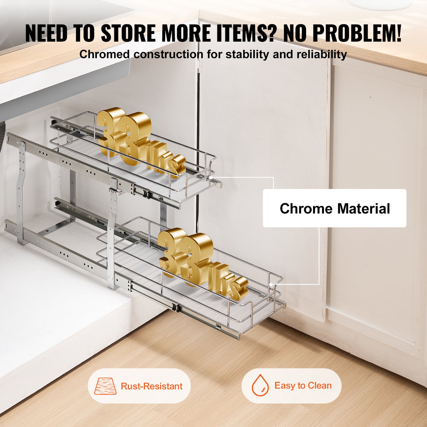 2-Tier Kitchen Cabinet Pull Out Shelf Organizer Slide Out Drawer 9-22 inch