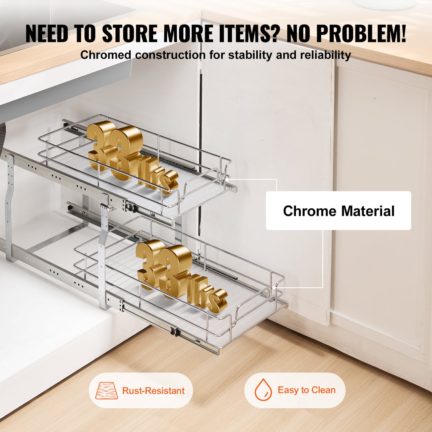 2-Tier Kitchen Cabinet Pull Out Shelf Organizer Slide Out Drawer 9-22 inch