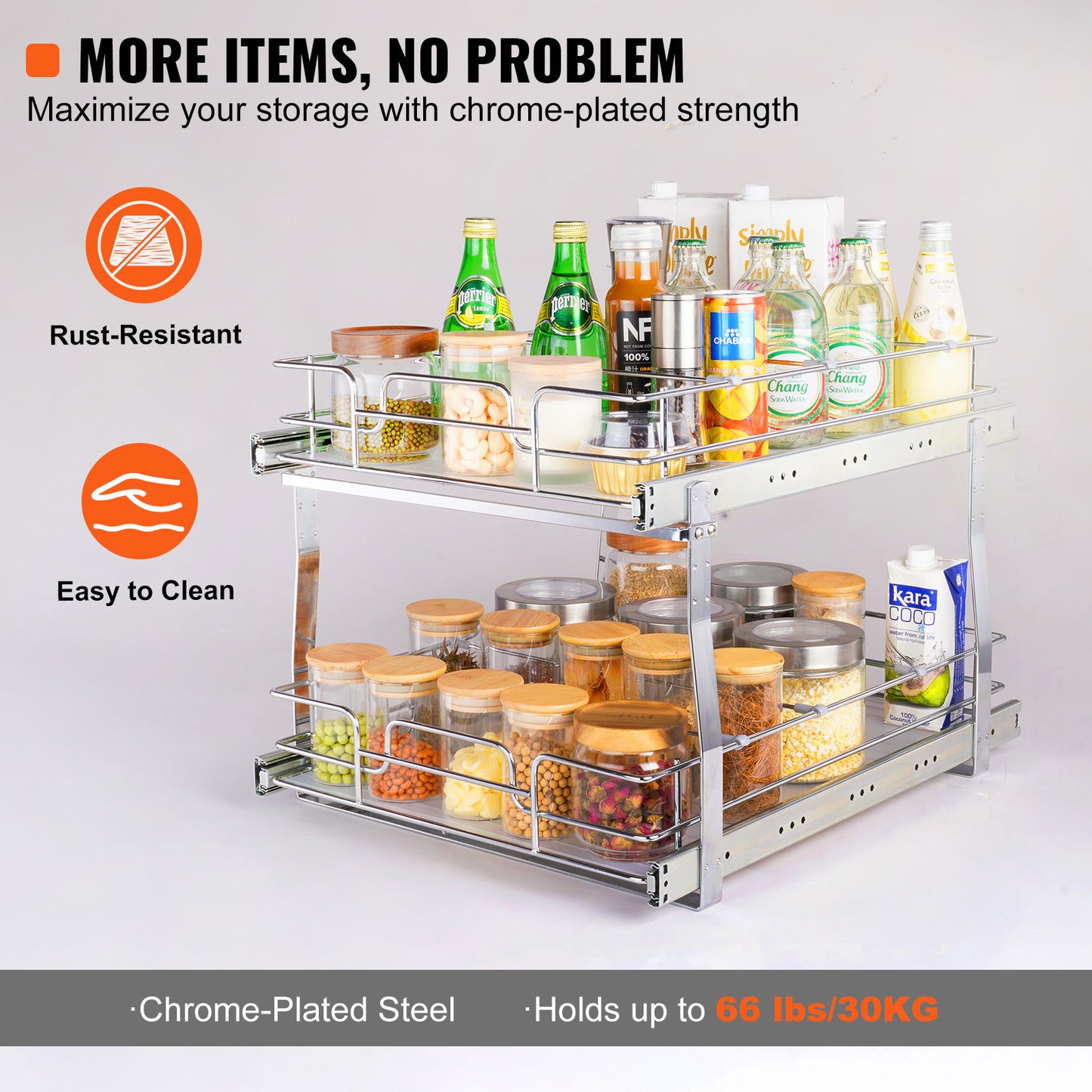 2-Tier Kitchen Cabinet Pull Out Shelf Organizer Slide Out Drawer 9-22 inch