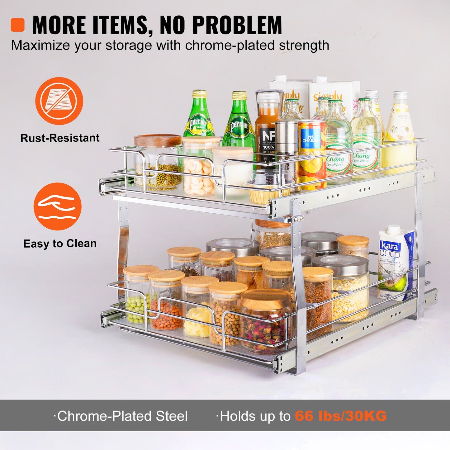 2-Tier Kitchen Cabinet Pull Out Shelf Organizer Slide Out Drawer 9-22 inch