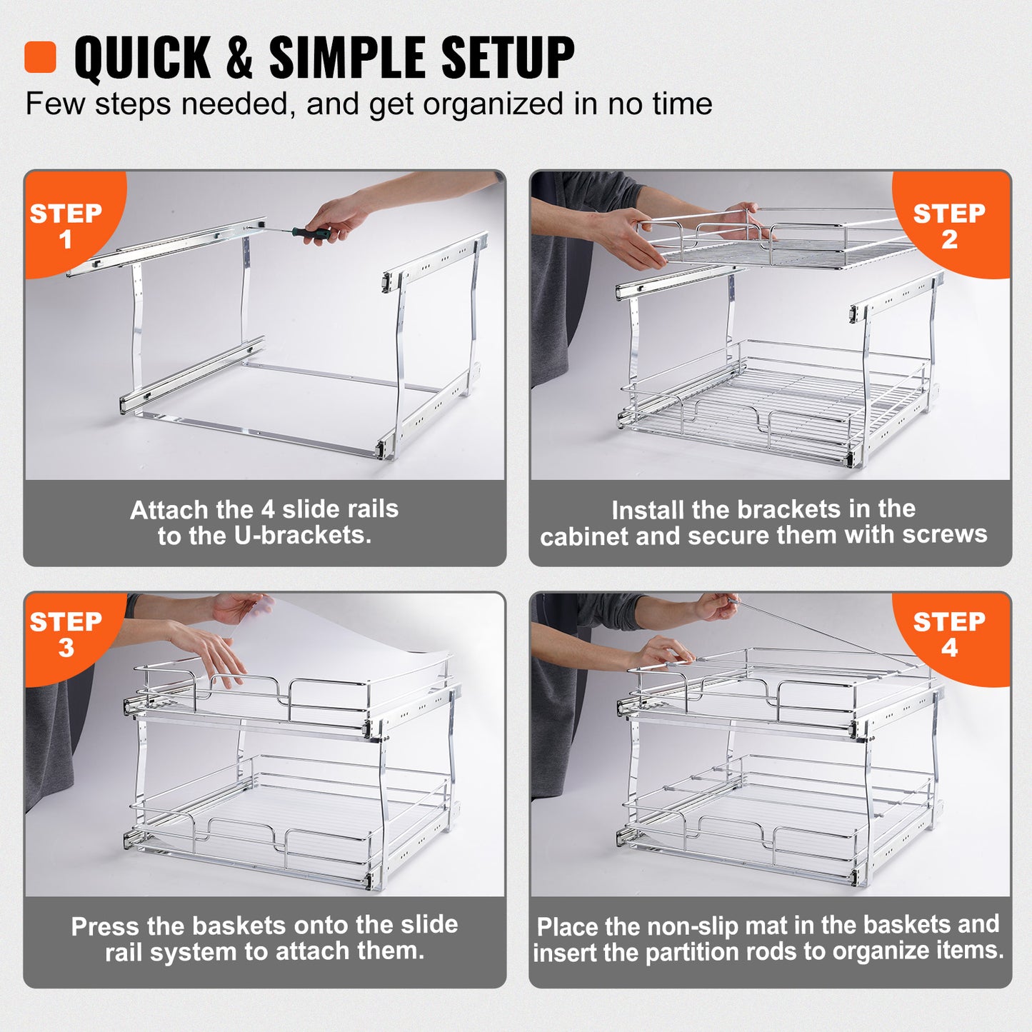2-Tier Kitchen Cabinet Pull Out Shelf Organizer Slide Out Drawer 9-22 inch