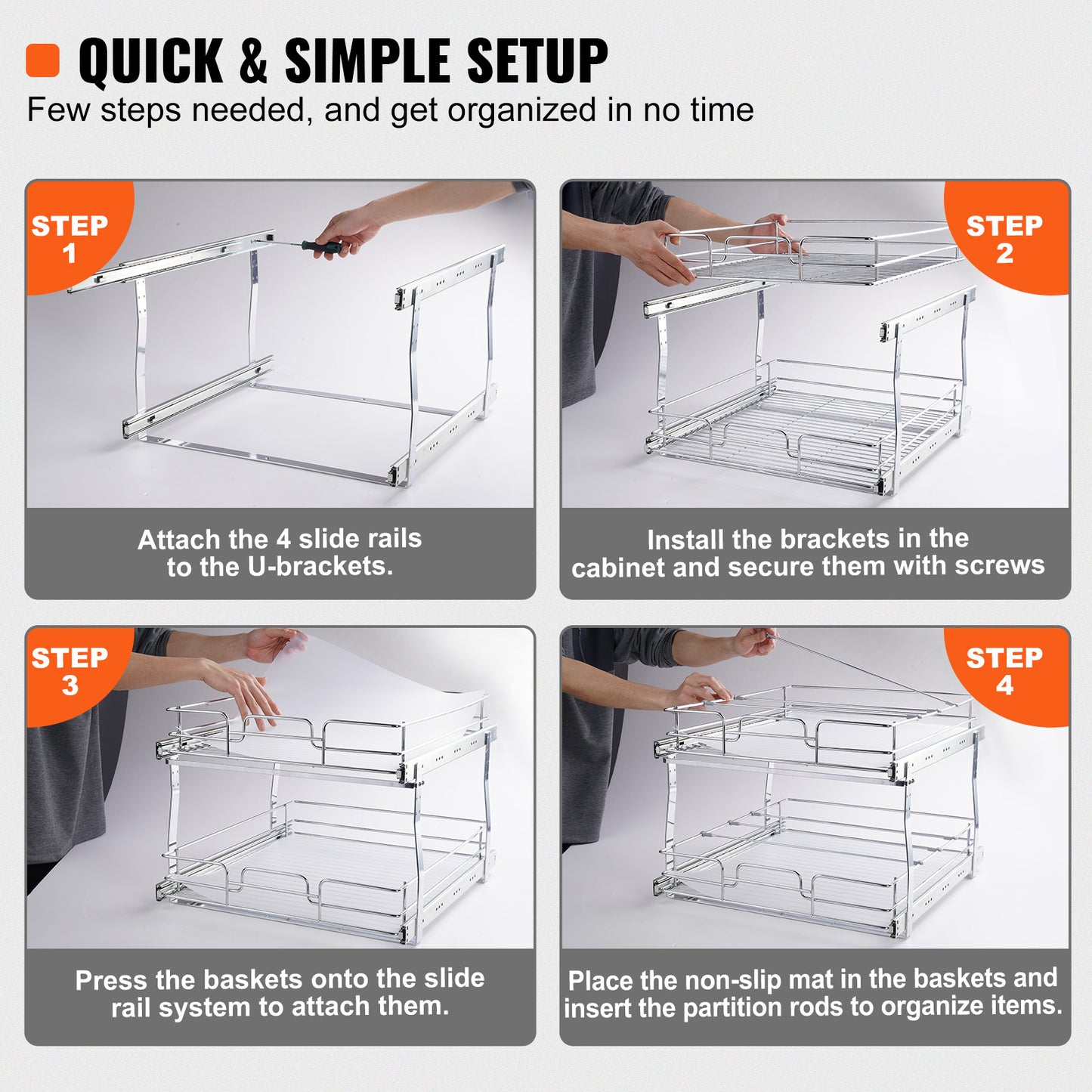 2-Tier Kitchen Cabinet Pull Out Shelf Organizer Slide Out Drawer 9-22 inch