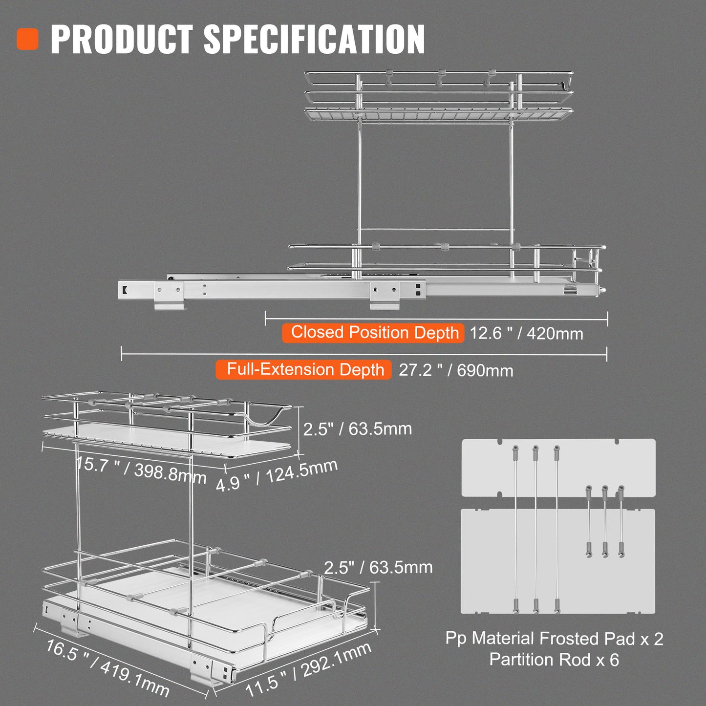2-Tier Kitchen Cabinet Pull Out Shelf Organizer Slide Out Drawer 9-22 inch