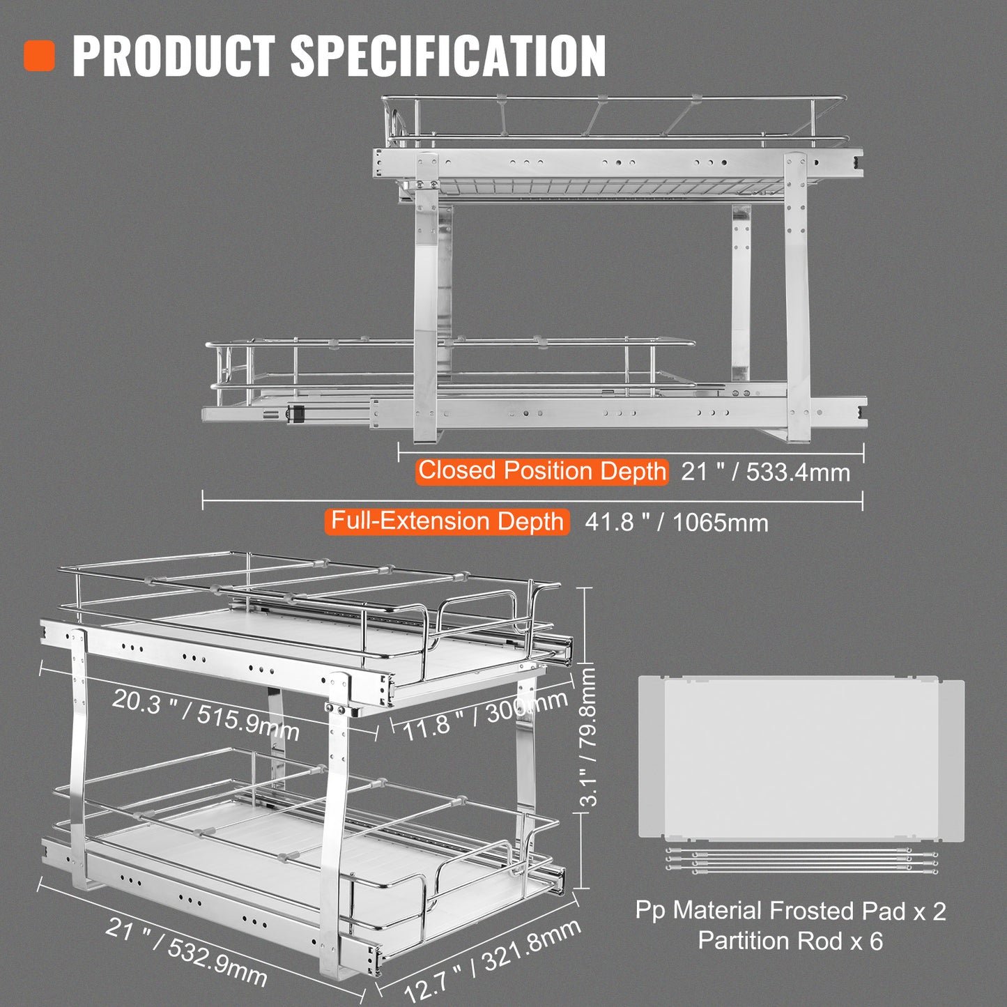 2-Tier Kitchen Cabinet Pull Out Shelf Organizer Slide Out Drawer 9-22 inch