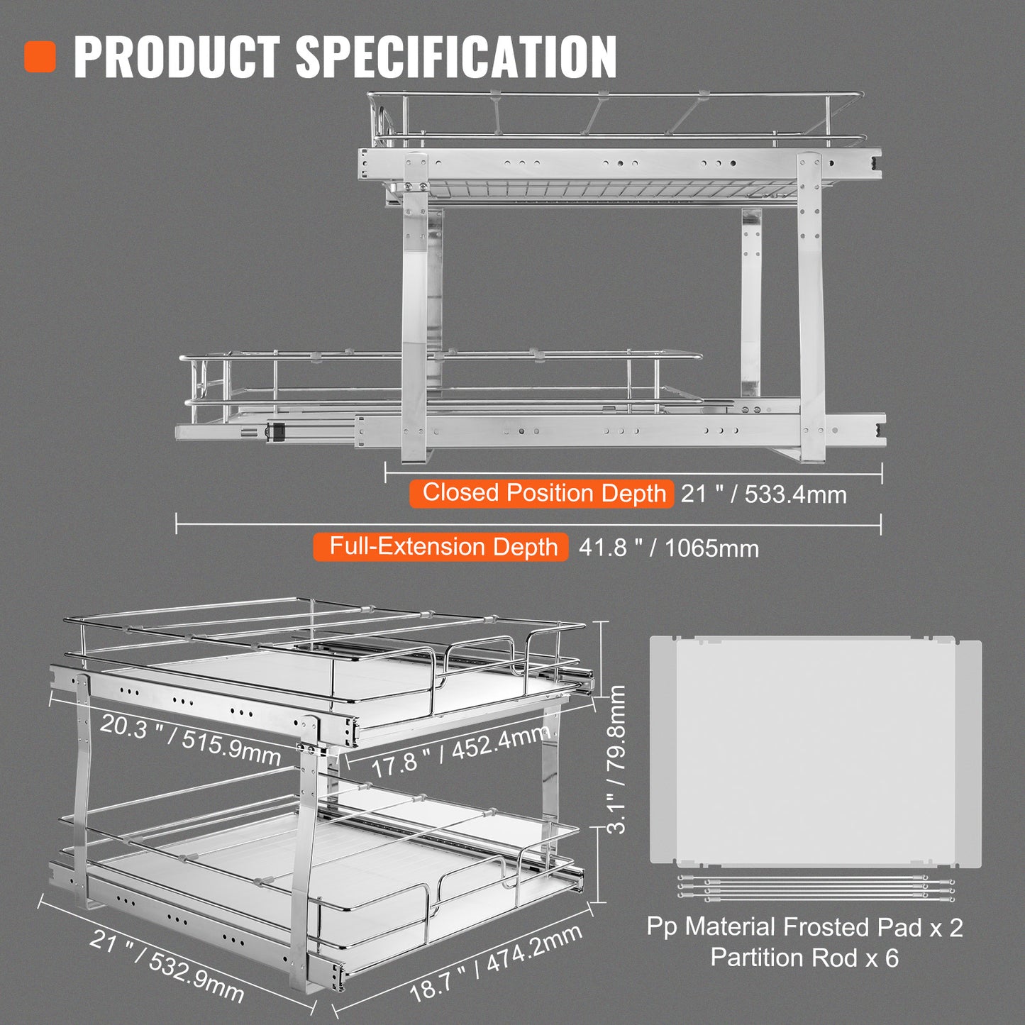 2-Tier Kitchen Cabinet Pull Out Shelf Organizer Slide Out Drawer 9-22 inch