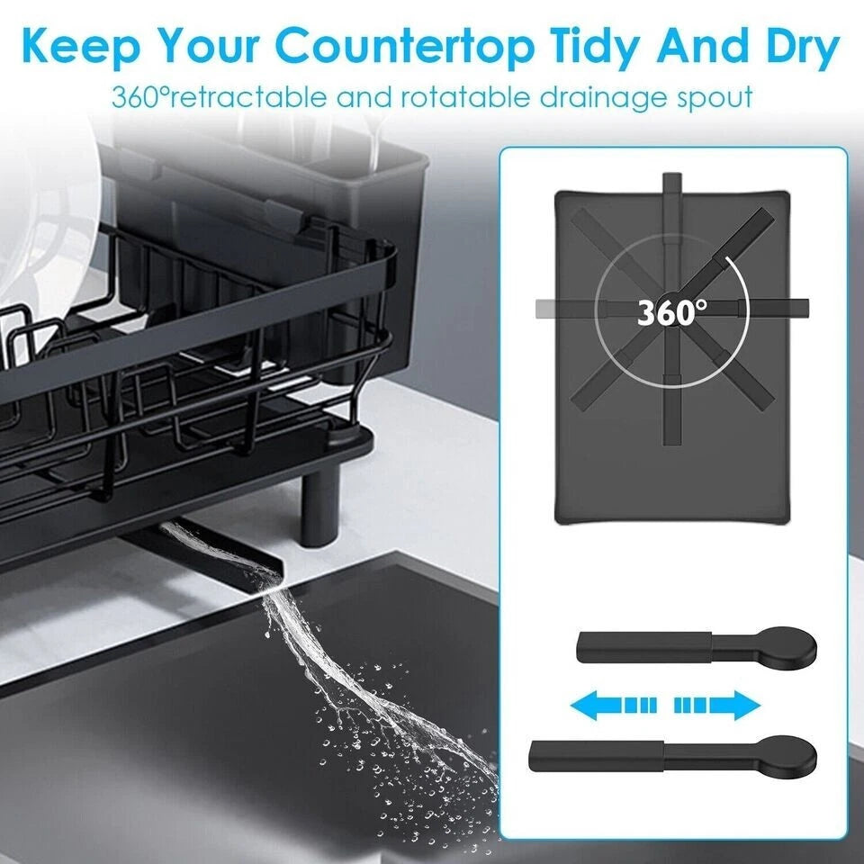 Stainless Steel Kitchen Dish Drying Rack w/ Utensil Holder & Drain Board Durable