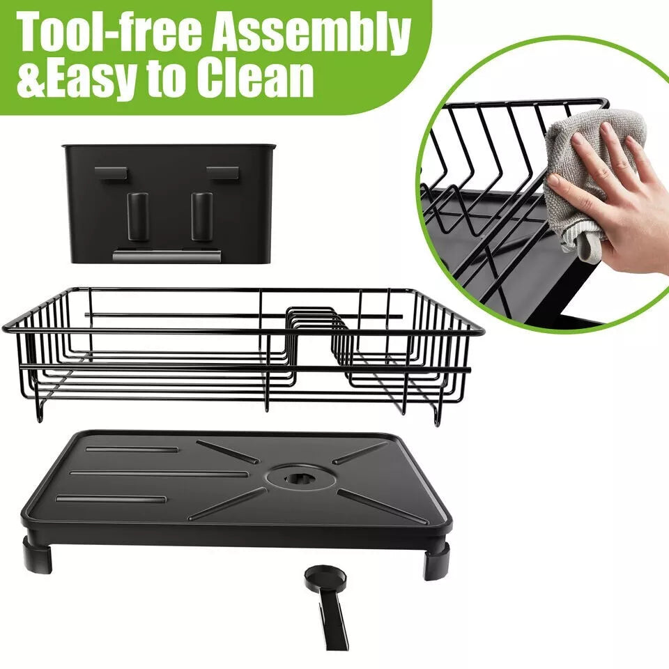 Stainless Steel Kitchen Dish Drying Rack w/ Utensil Holder & Drain Board Durable