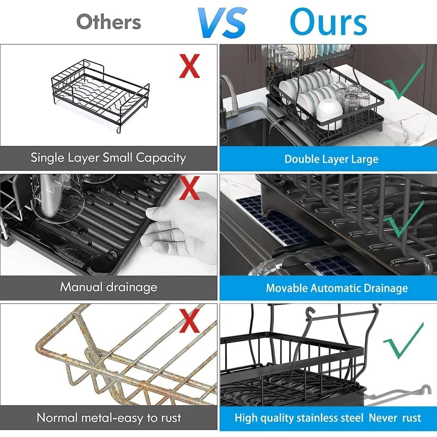 2 Tier Over The Sink Dish Drying Rack Stainless Steel Kitchen Dish Drainer Black