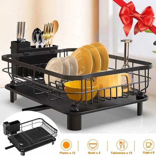 Stainless Steel Kitchen Dish Drying Rack w/ Utensil Holder & Drain Board Durable