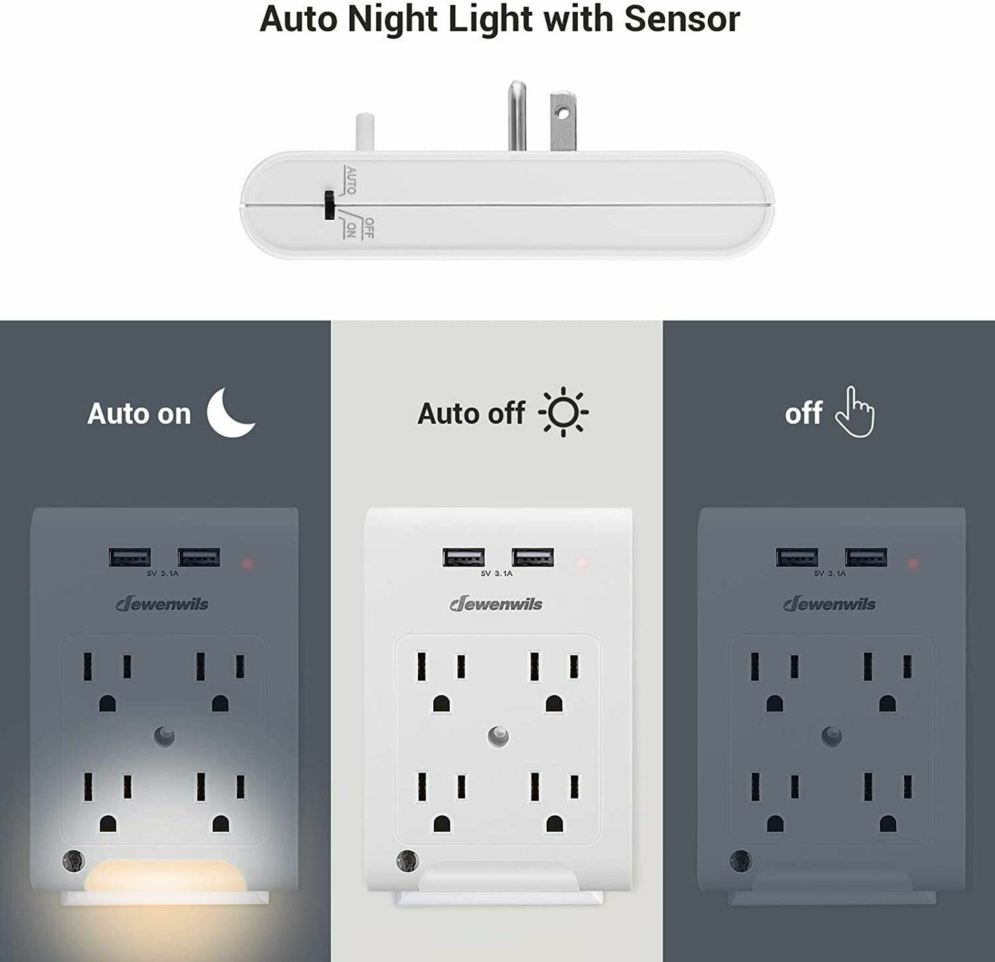 DEWENWILS Multi Plug Outlet Adapter 2 USB Charging Ports Light Sensor HOU402C