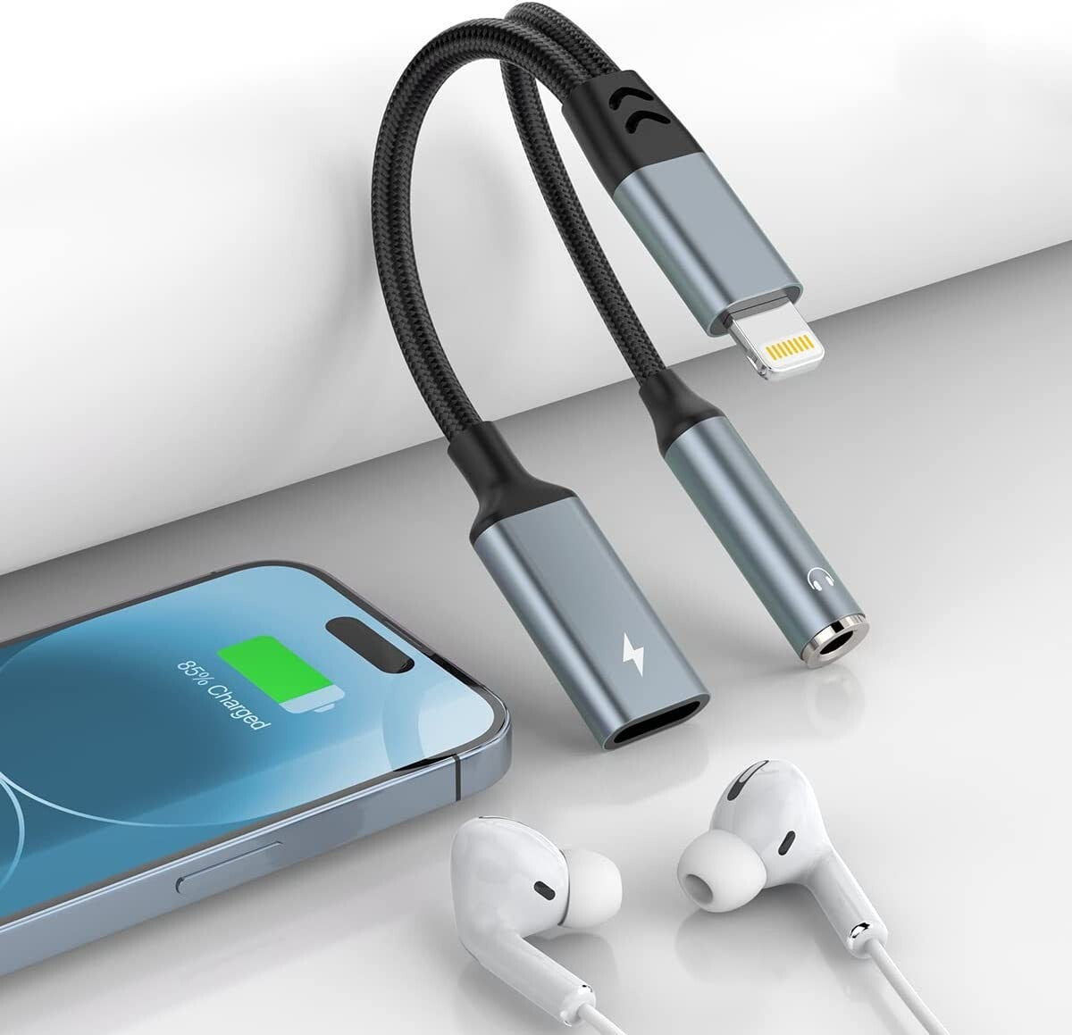 iPhone Headphone & Charger Adapter 2-in-1 to 3.5mm AUX Audio MFi-Certified