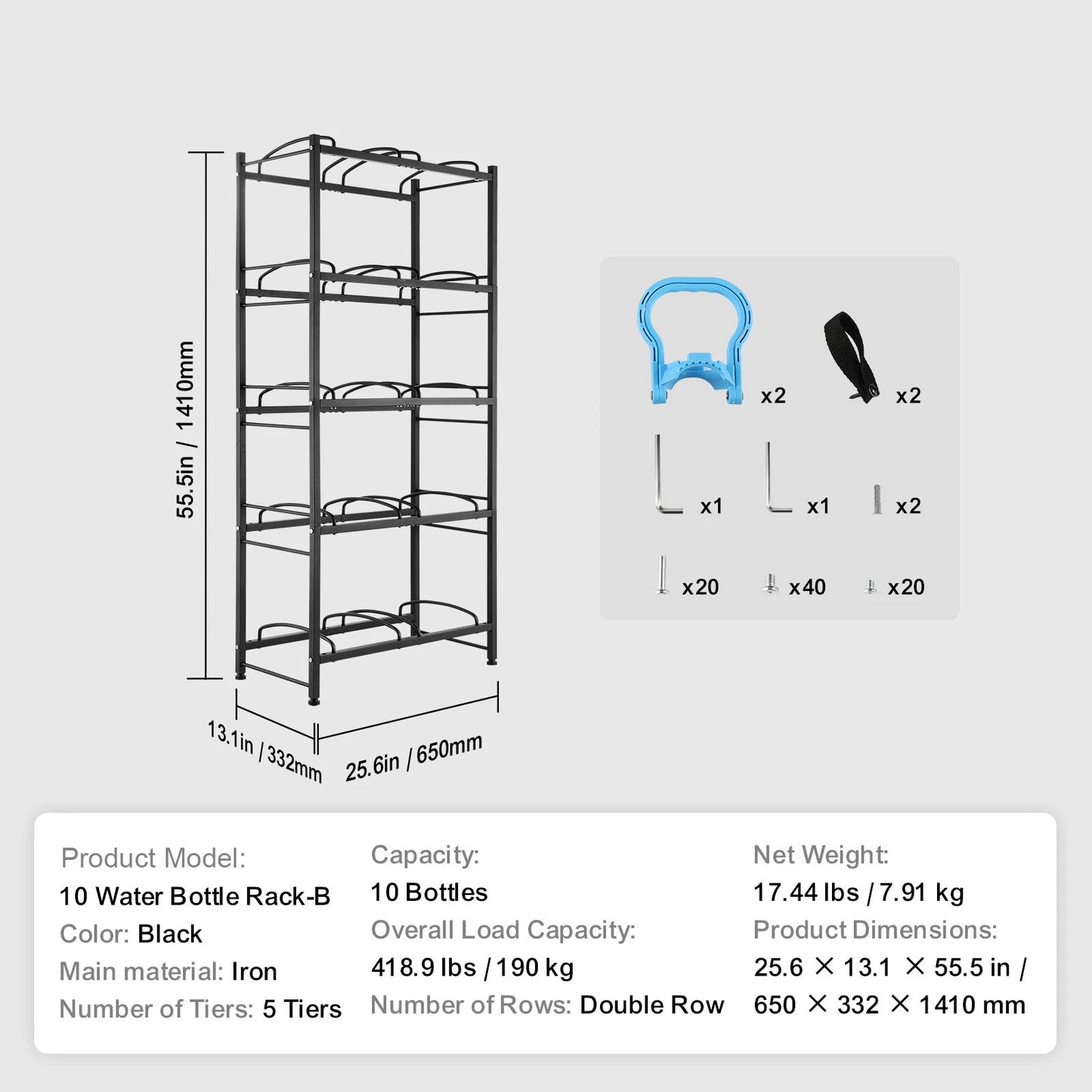 5-Tier Water Jug Holder Double Row Water Bottle Rack for 10 Bottles Black