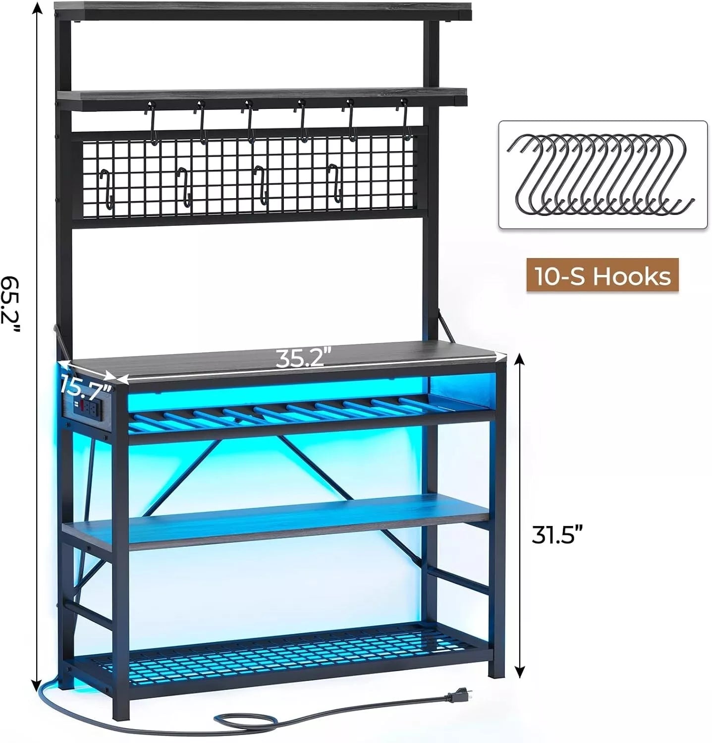 Bakers Rack with Power Outlet, 6-Tier Coffee Bar with Wine Rack and LED Lights