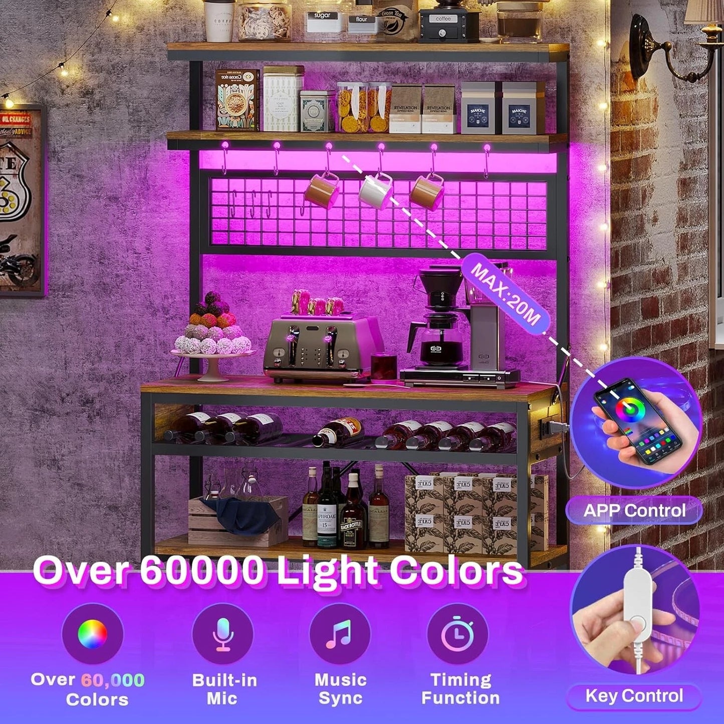 Bakers Rack with Power Outlet, 6-Tier Coffee Bar with Wine Rack and LED Lights