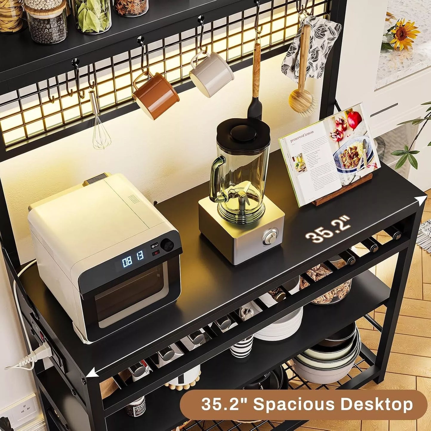 Bakers Rack with Power Outlet, 6-Tier Coffee Bar with Wine Rack and LED Lights