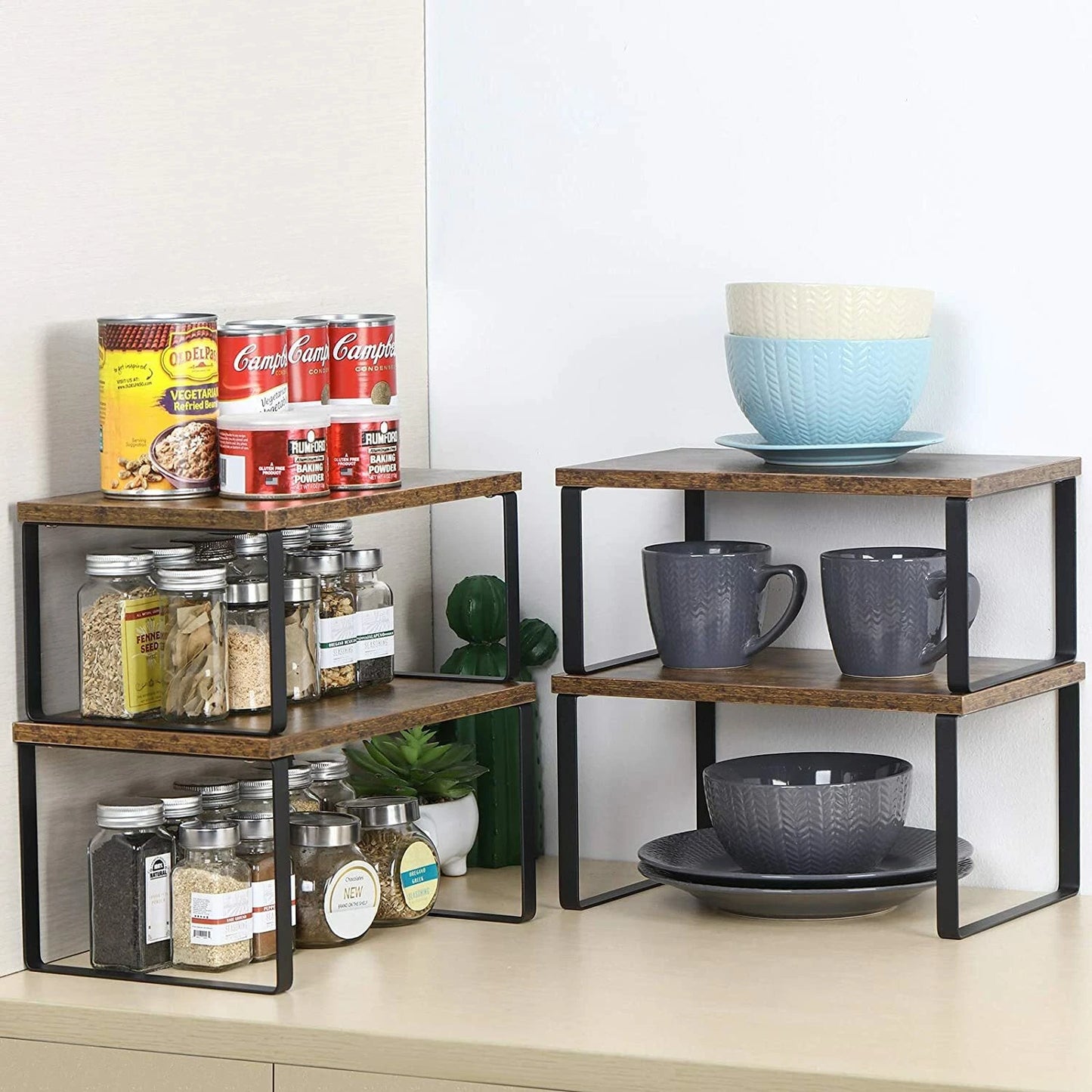 Set of 4 Counter Shelves Kitchen Stackable Cabinet Shelf Organizer Expandable