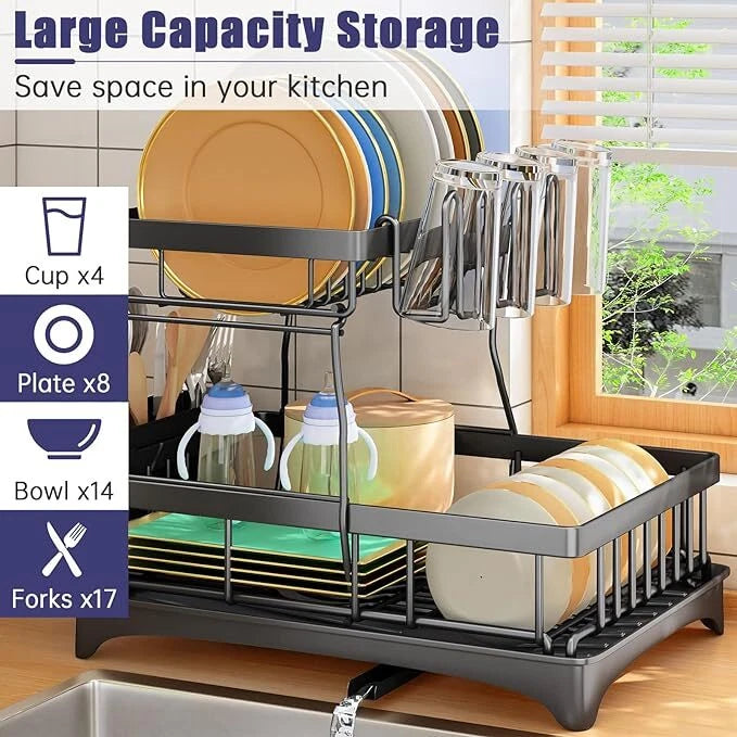 Dish Drying Rack - 2 Tier Dish Racks for Kitchen Counter with Drainboard