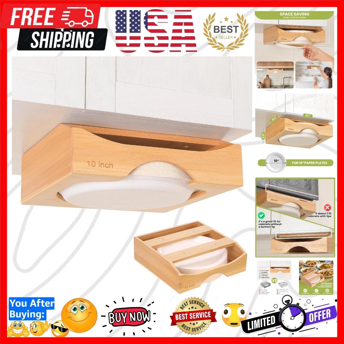 10-inch Paper Plate Dispenser, Under Cabinet Bamboo Plates Holder, Brown