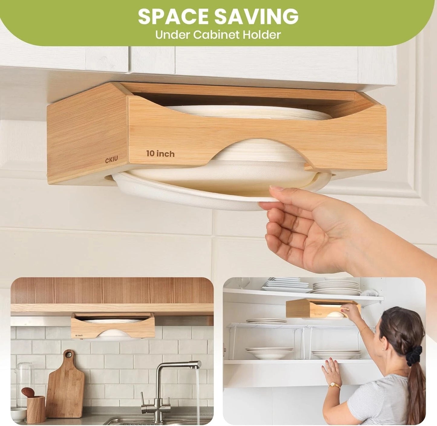 10-inch Paper Plate Dispenser, Under Cabinet Bamboo Plates Holder, Brown