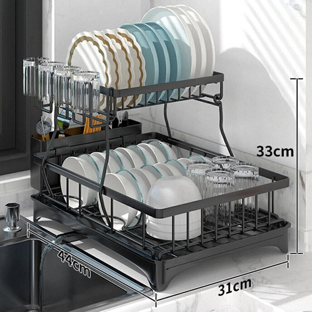 2 Tier Over The Sink Dish Drying Rack Stainless Steel Kitchen Dish Drainer Black