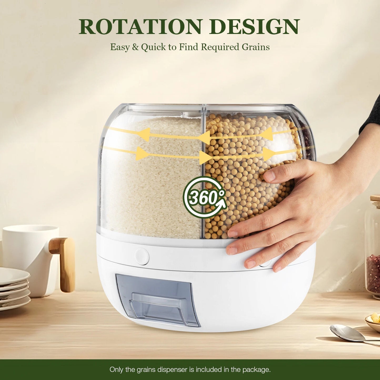 Rice Dispenser Dry Grain Food Storage Container Tank 6-Grid Rotating for Kitchen
