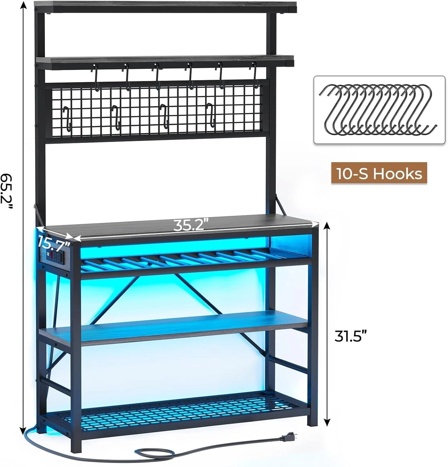 Bakers Rack with Power Outlet, 6-Tier Coffee Bar with Wine Rack and LED Lights