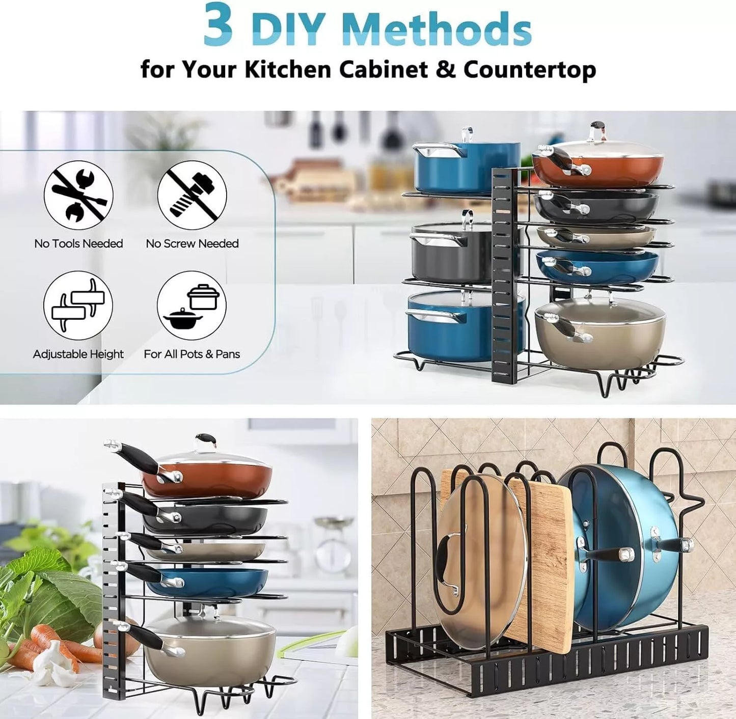 8 Tier Adjustable Pots and Pans Organizer for Cabinet Kitchen Pot and Pan Holder