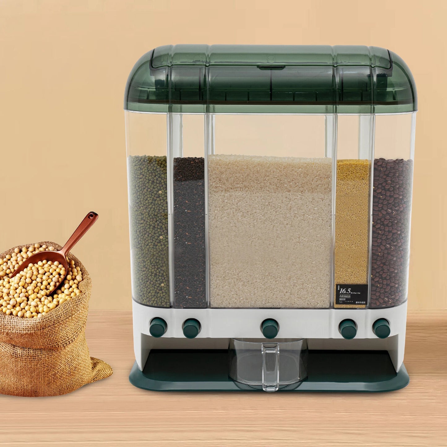 5-Grid Cereal Dispenser Grain Container Rice Storage Dry Food Box Organizer