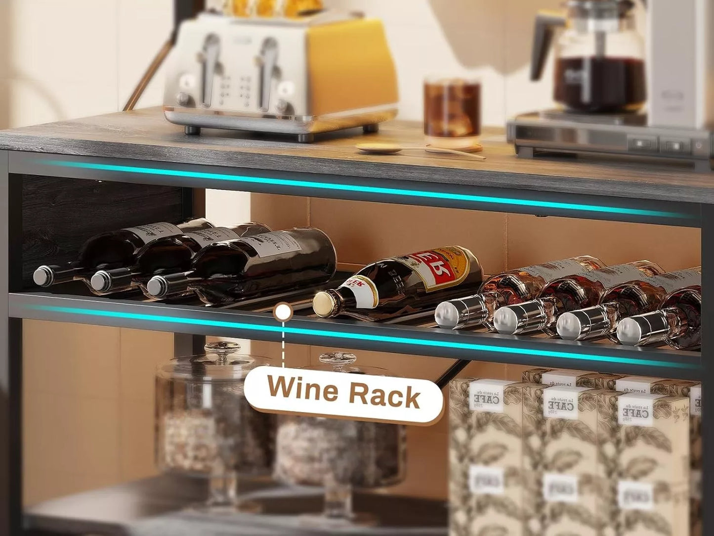 Bakers Rack with Power Outlet, 6-Tier Coffee Bar with Wine Rack and LED Lights