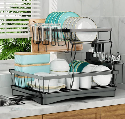 Two-Tier Removable Dish Rack with Drainage for Kitchen – Dish Drainer