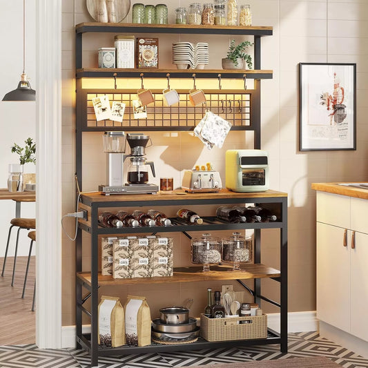 Bakers Rack with Power Outlet, 6-Tier Coffee Bar with Wine Rack and LED Lights