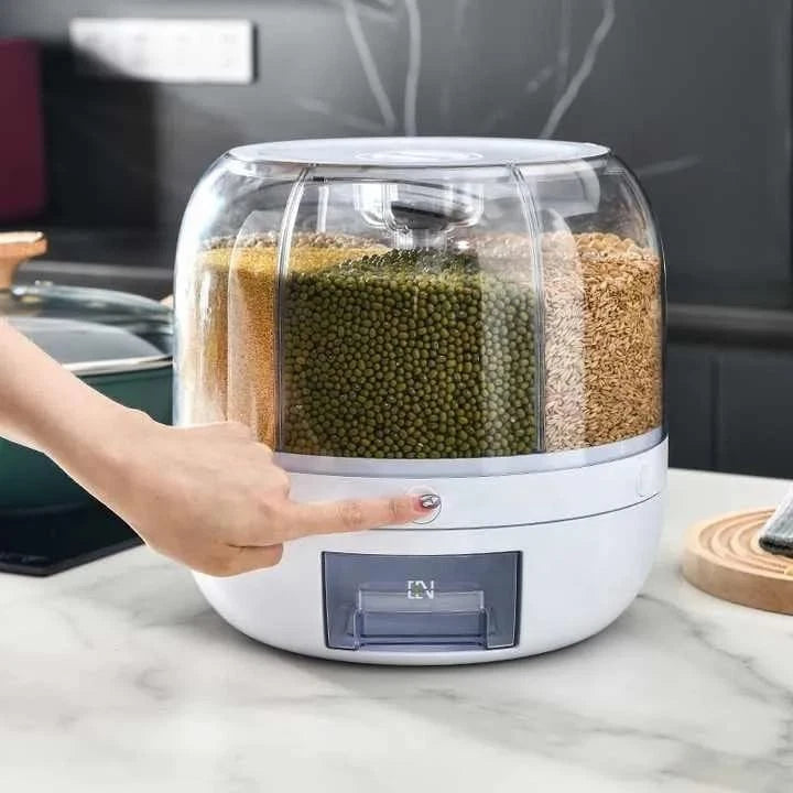 6-Grid Rotating Rice Dispenser Dry Grain Food Storage Container Tank for Kitchen