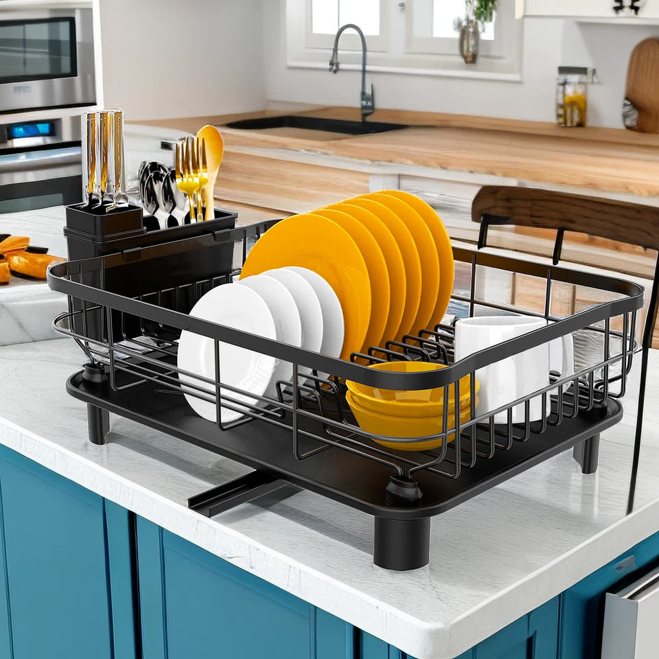 Stainless Steel Kitchen Dish Drying Rack w/ Utensil Holder & Drain Board Durable