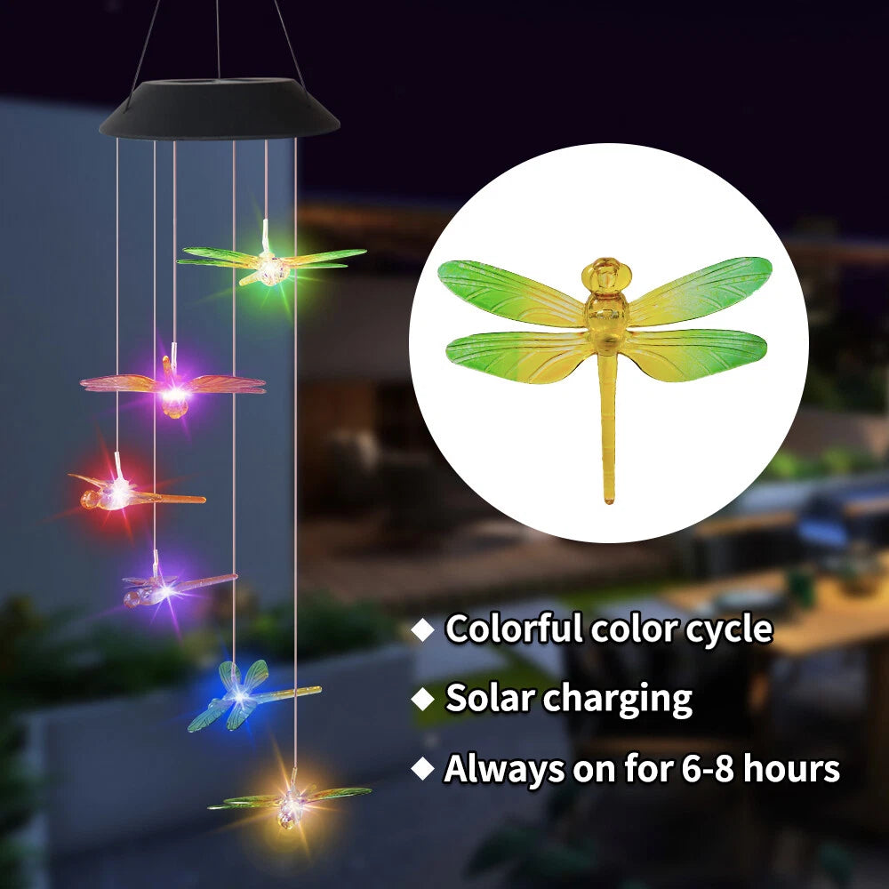 Color Changing LED Dragon Fly Solar Wind Chimes Home Garden Decor Lights Lamp