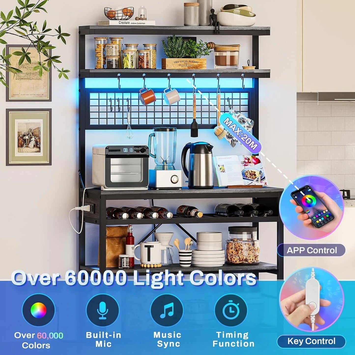 Bakers Rack with Power Outlet, 6-Tier Coffee Bar with Wine Rack and LED Lights