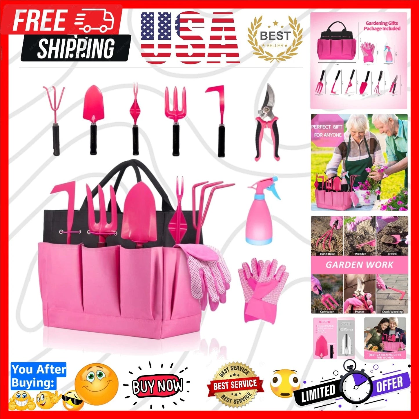 9-Piece Heavy Duty Gardening Tools Set - Stainless Steel with Stylish Tote Bag
