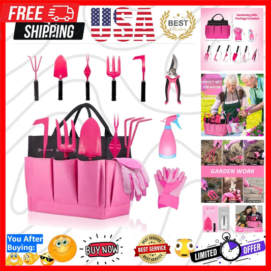 9-Piece Heavy Duty Gardening Tools Set - Stainless Steel with Stylish Tote Bag