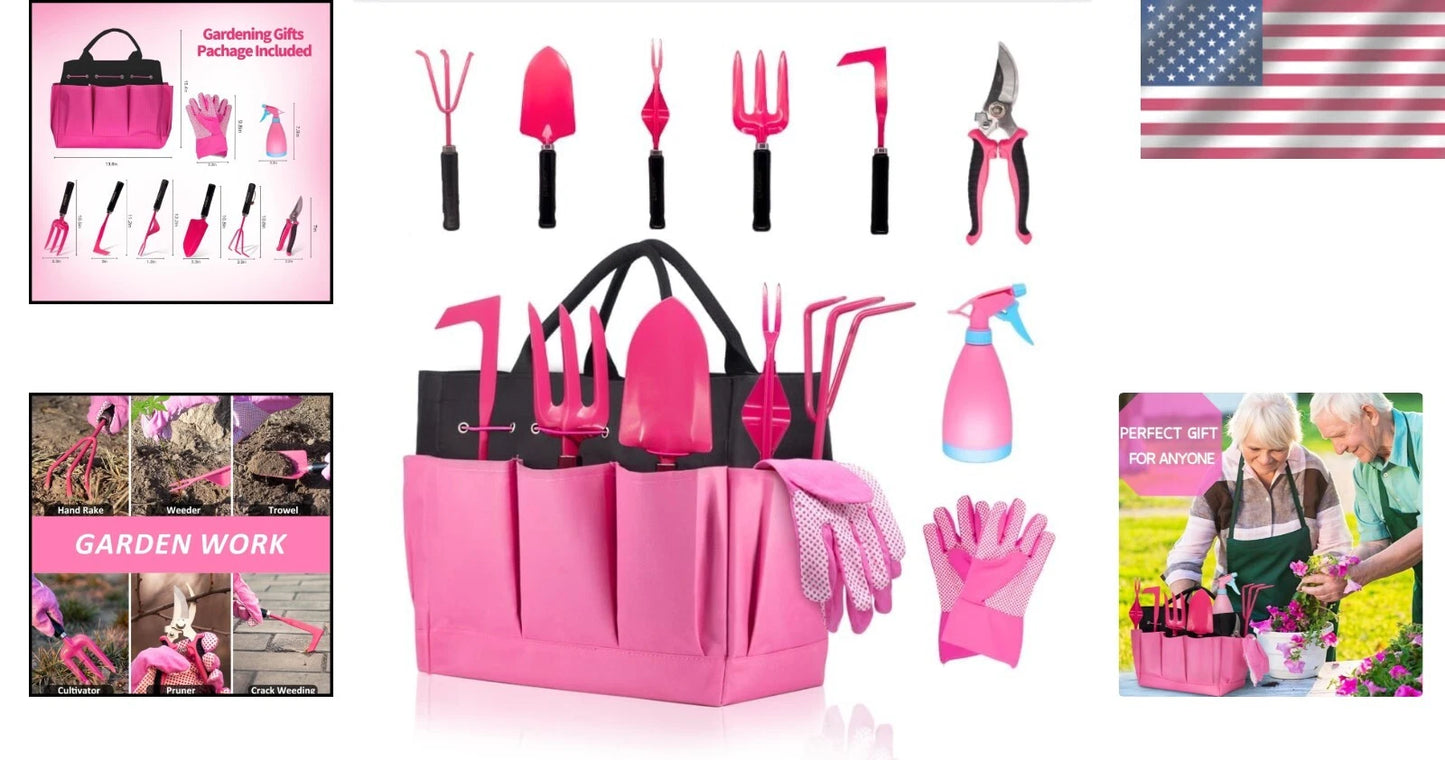 9-Piece Heavy Duty Gardening Tools Set - Stainless Steel with Stylish Tote Bag