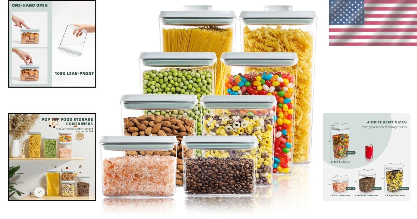 8-Pack BPA-Free Pop Top Food Storage Containers - Airtight Kitchen Organizers