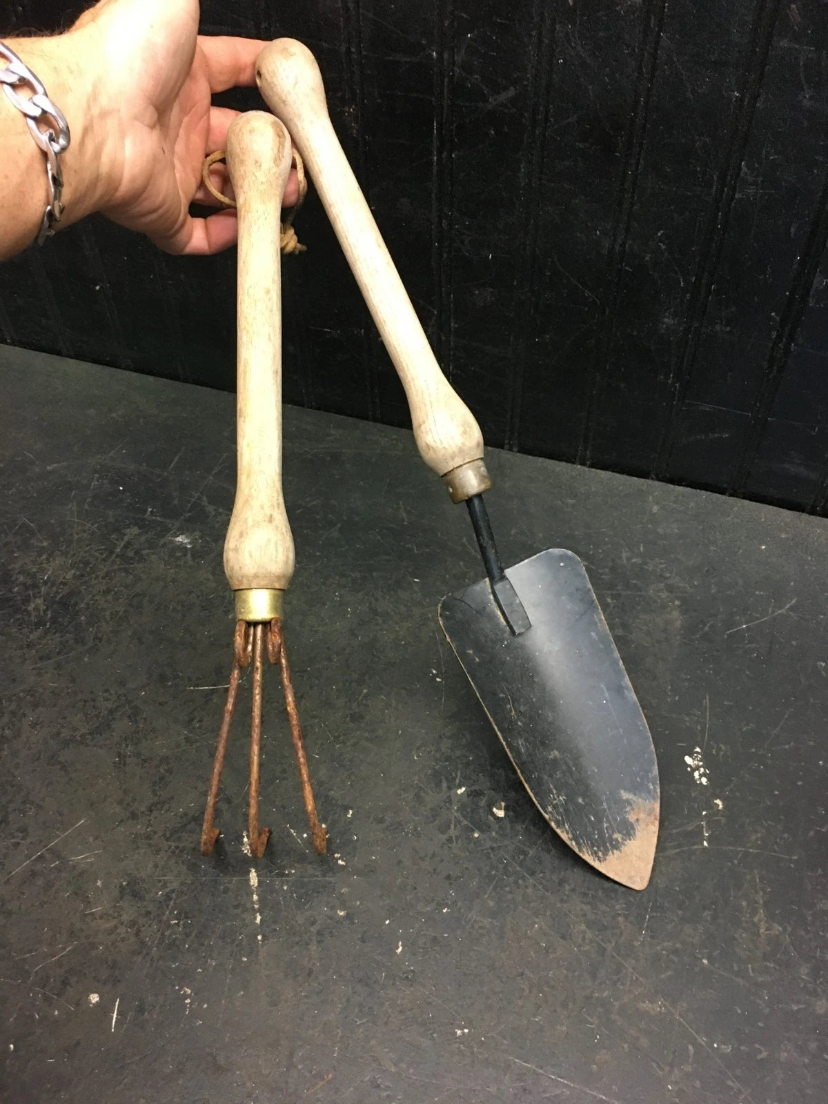 Vtg Pair - Garden Farm Tools -Wood Handle 3 Tine Prong Hand Rake & Hand Shovel