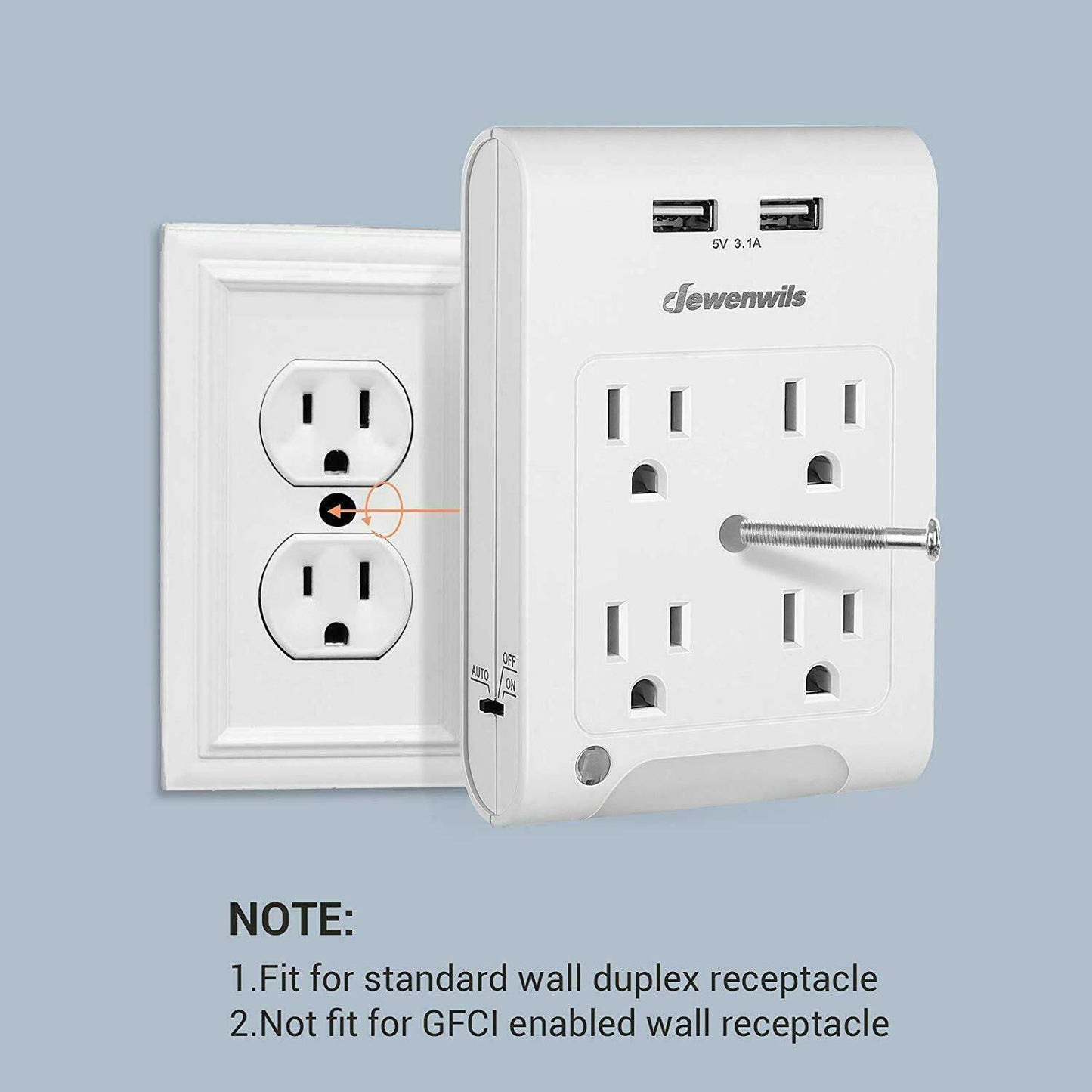 DEWENWILS Multi Plug Outlet Adapter 2 USB Charging Ports Light Sensor HOU402C