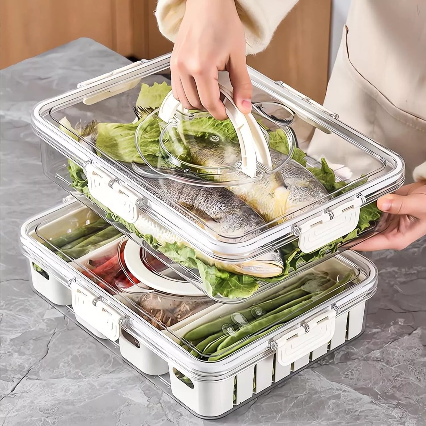 FRIDGE FOOD STORAGE CONTAINER Kitchen Serving Tray Organizer Fresh Airtight Box